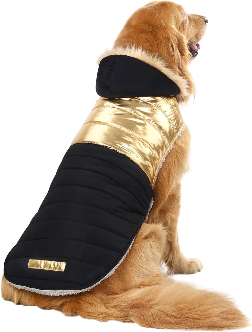 image:imageHDE Dog Puffer Jacket Fleece Lined Warm Dog Parka Winter Coat with Harness Hole 90s Black and Gold Metallic S90s Black and Gold Metallic