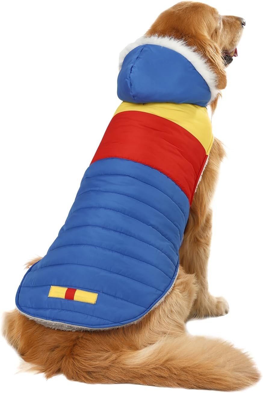 image:imageHDE Dog Puffer Jacket Fleece Lined Warm Dog Parka Winter Coat with Harness Hole 90s Black and Gold Metallic S90s Colorblock