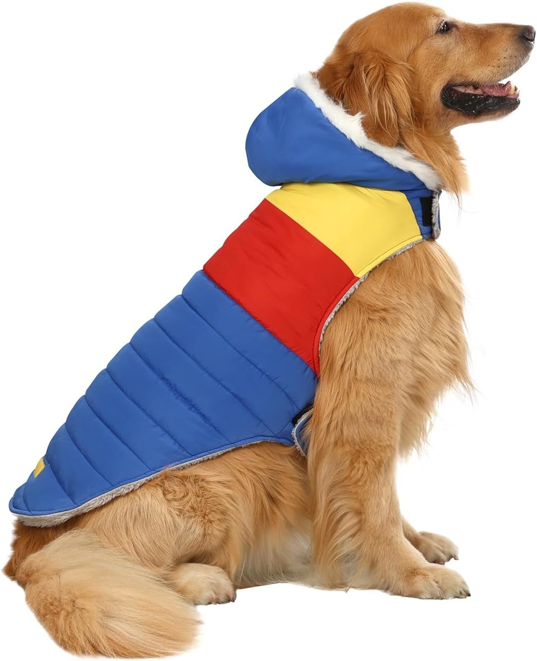 image:imageHDE Dog Puffer Jacket Fleece Lined Warm Dog Parka Winter Coat with Harness Hole 90s Black and Gold Metallic S90s Colorblock