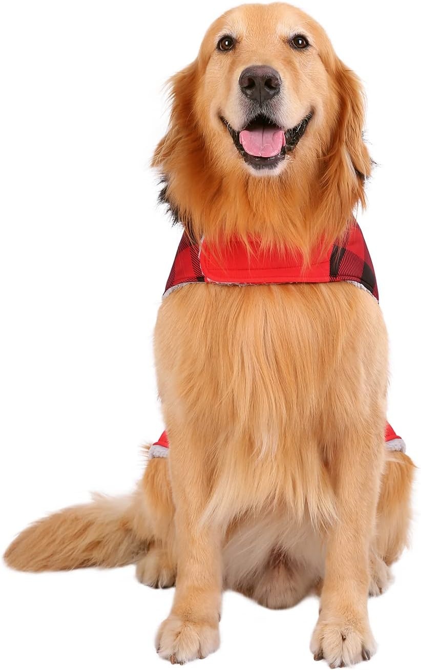 image:imageHDE Dog Puffer Jacket Fleece Lined Warm Dog Parka Winter Coat with Harness Hole 90s Black and Gold Metallic SBuffalo Plaid