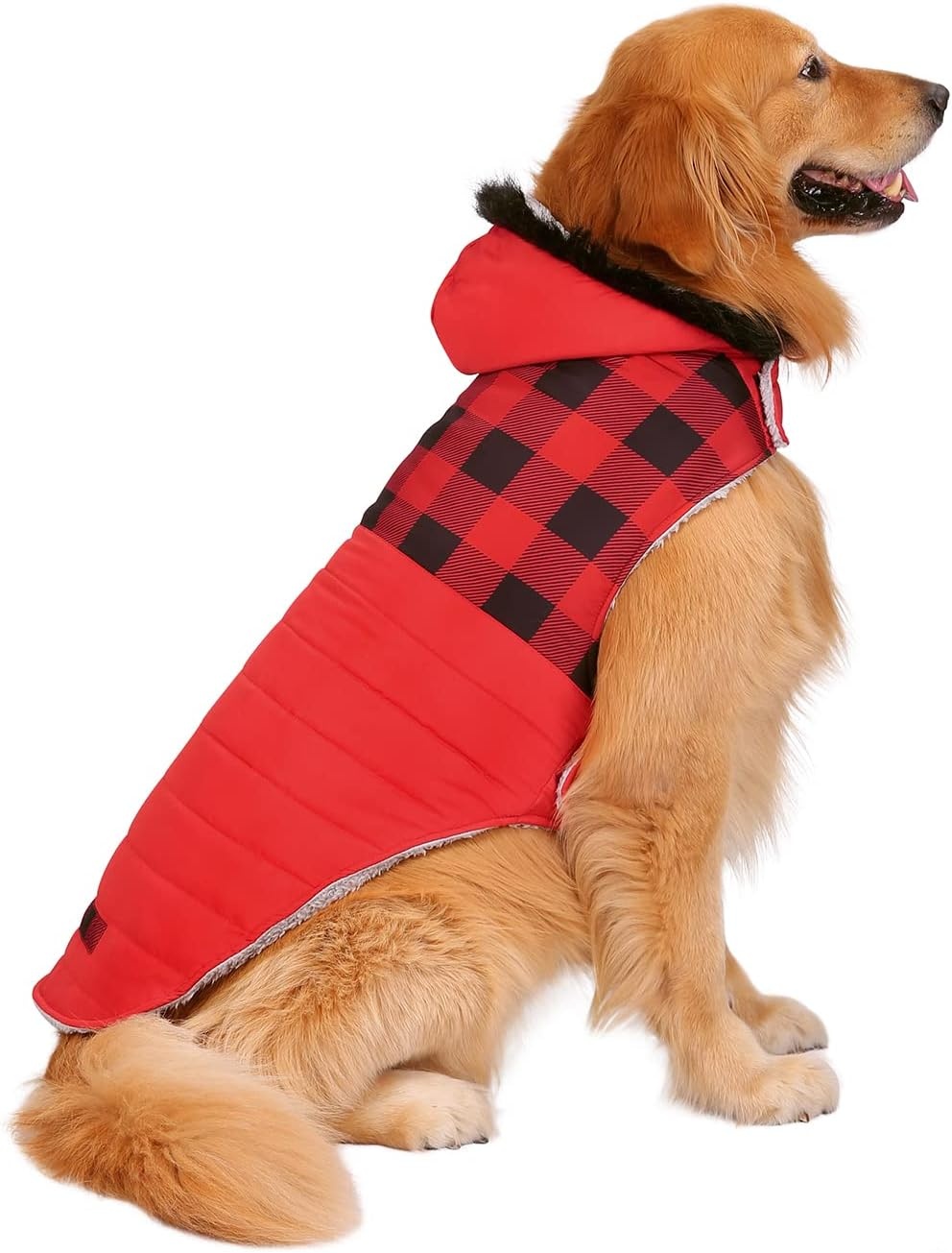 image:imageHDE Dog Puffer Jacket Fleece Lined Warm Dog Parka Winter Coat with Harness Hole 90s Black and Gold Metallic SBuffalo Plaid
