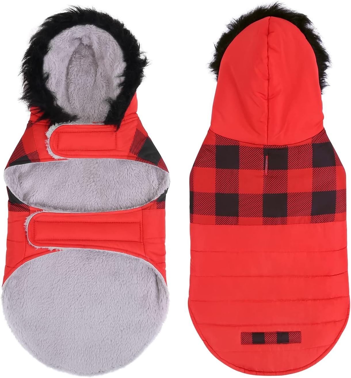 image:imageHDE Dog Puffer Jacket Fleece Lined Warm Dog Parka Winter Coat with Harness Hole 90s Black and Gold Metallic SBuffalo Plaid