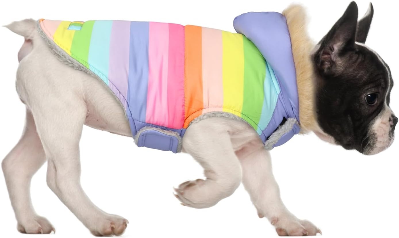 image:imageHDE Dog Puffer Jacket Fleece Lined Warm Dog Parka Winter Coat with Harness Hole 90s Black and Gold Metallic SPastel Rainbow