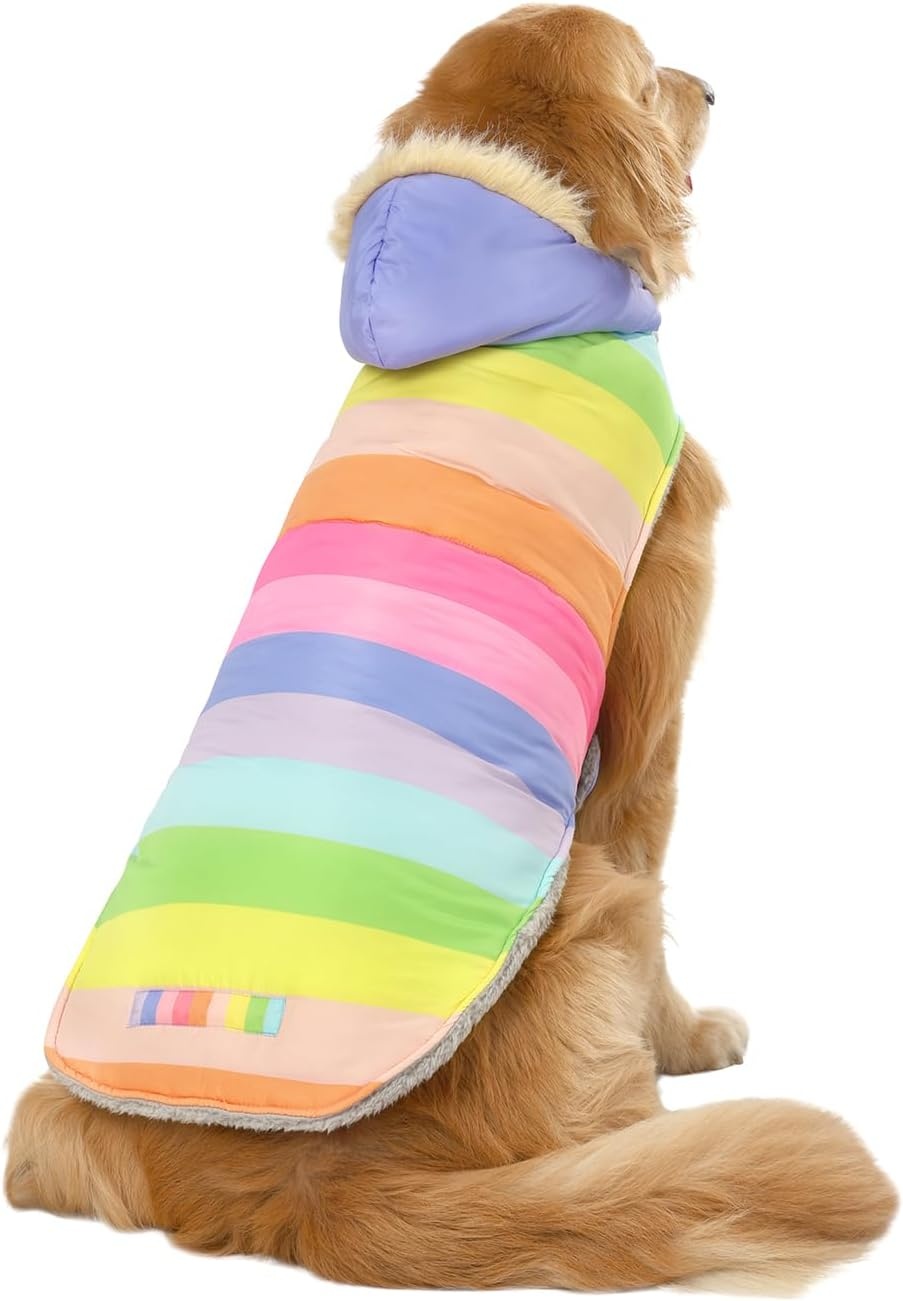 image:imageHDE Dog Puffer Jacket Fleece Lined Warm Dog Parka Winter Coat with Harness Hole 90s Black and Gold Metallic SPastel Rainbow