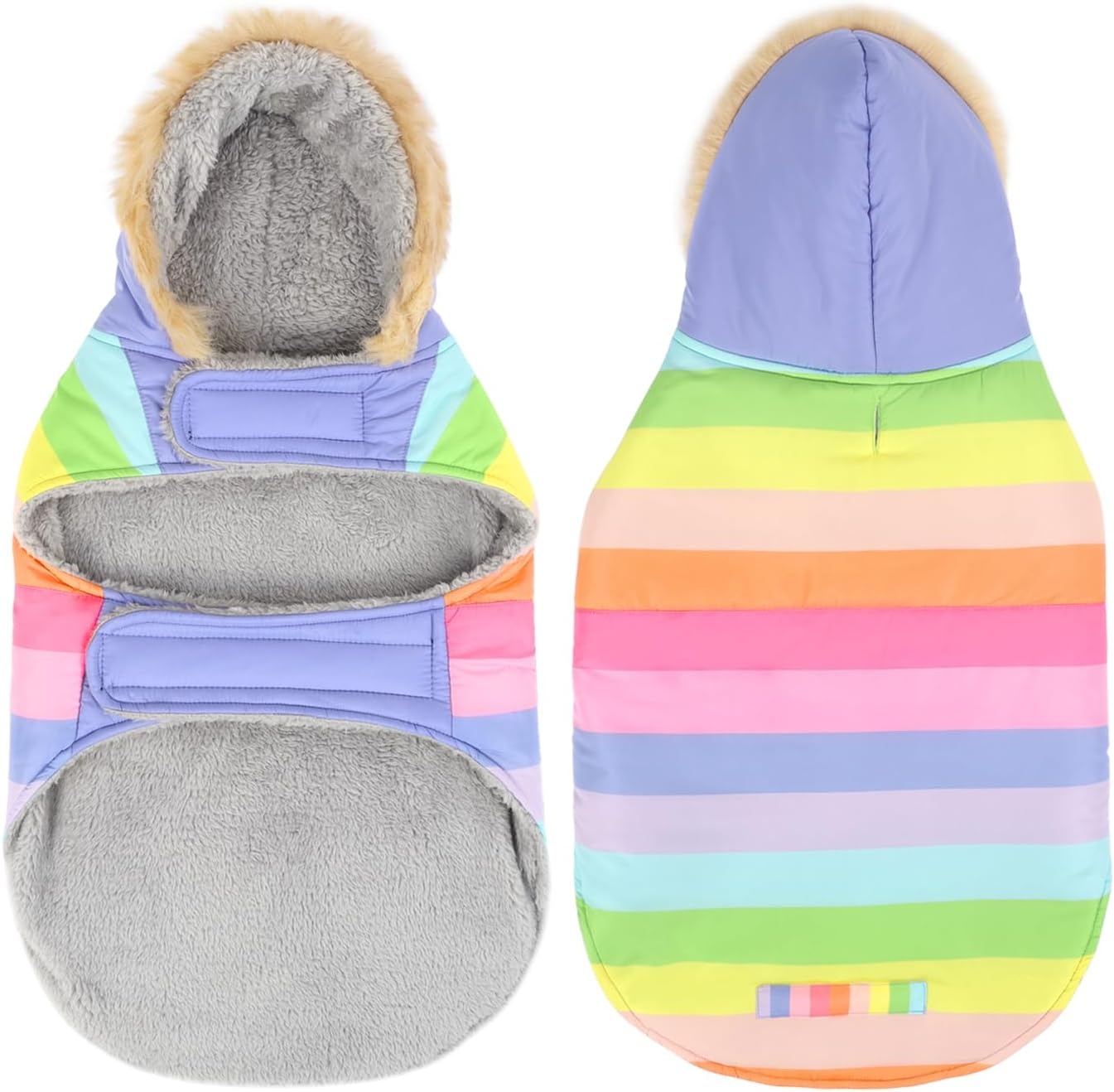 image:imageHDE Dog Puffer Jacket Fleece Lined Warm Dog Parka Winter Coat with Harness Hole 90s Black and Gold Metallic SPastel Rainbow