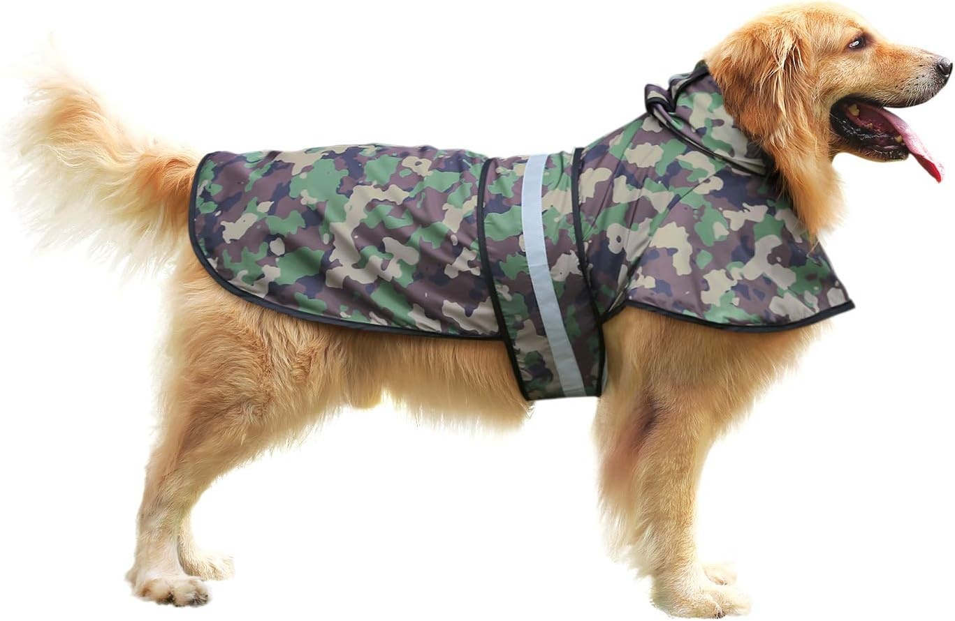 image:imageHDE Dog Raincoat Jacket Reflective Adjustable Hooded Pet Poncho Rain Coat with Leash Hole for Small to XLarge Dogs Rubber Ducks SGreen Camo