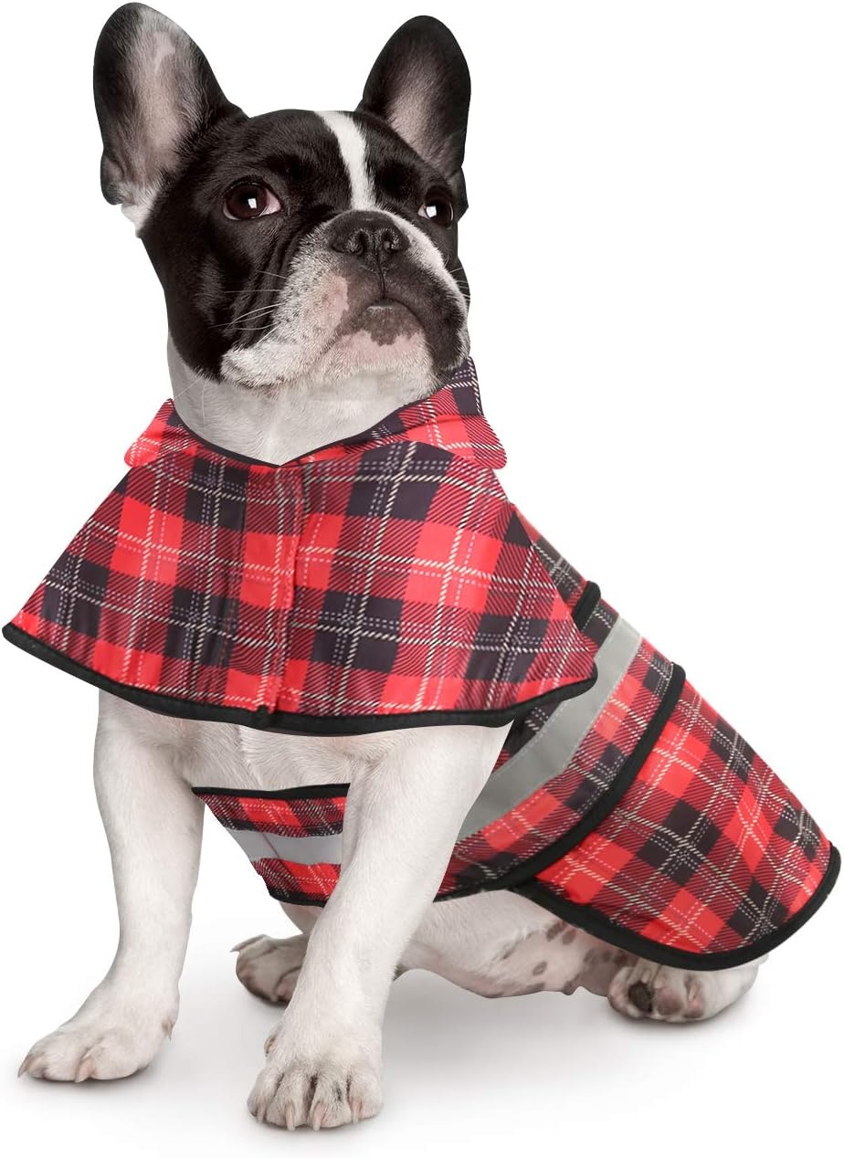 image:imageHDE Dog Raincoat Jacket Reflective Adjustable Hooded Pet Poncho Rain Coat with Leash Hole for Small to XLarge Dogs Rubber Ducks SPlaid