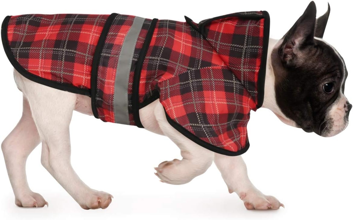 image:imageHDE Dog Raincoat Jacket Reflective Adjustable Hooded Pet Poncho Rain Coat with Leash Hole for Small to XLarge Dogs Rubber Ducks SPlaid