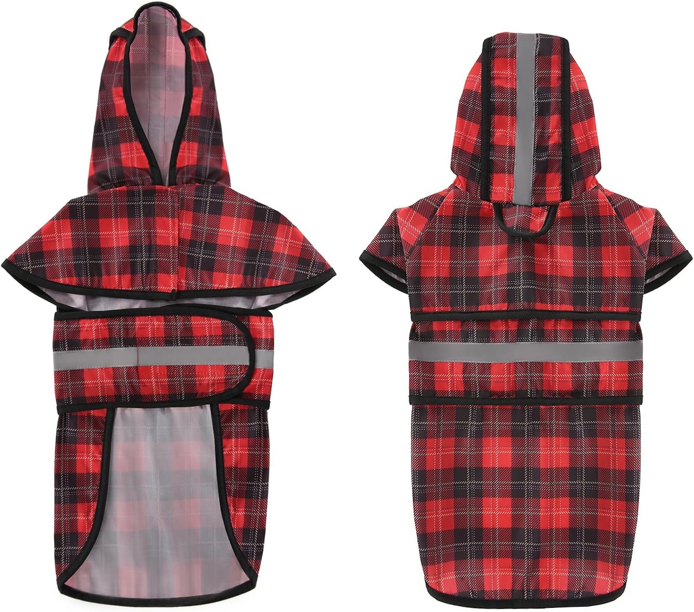 image:imageHDE Dog Raincoat Jacket Reflective Adjustable Hooded Pet Poncho Rain Coat with Leash Hole for Small to XLarge Dogs Rubber Ducks SPlaid