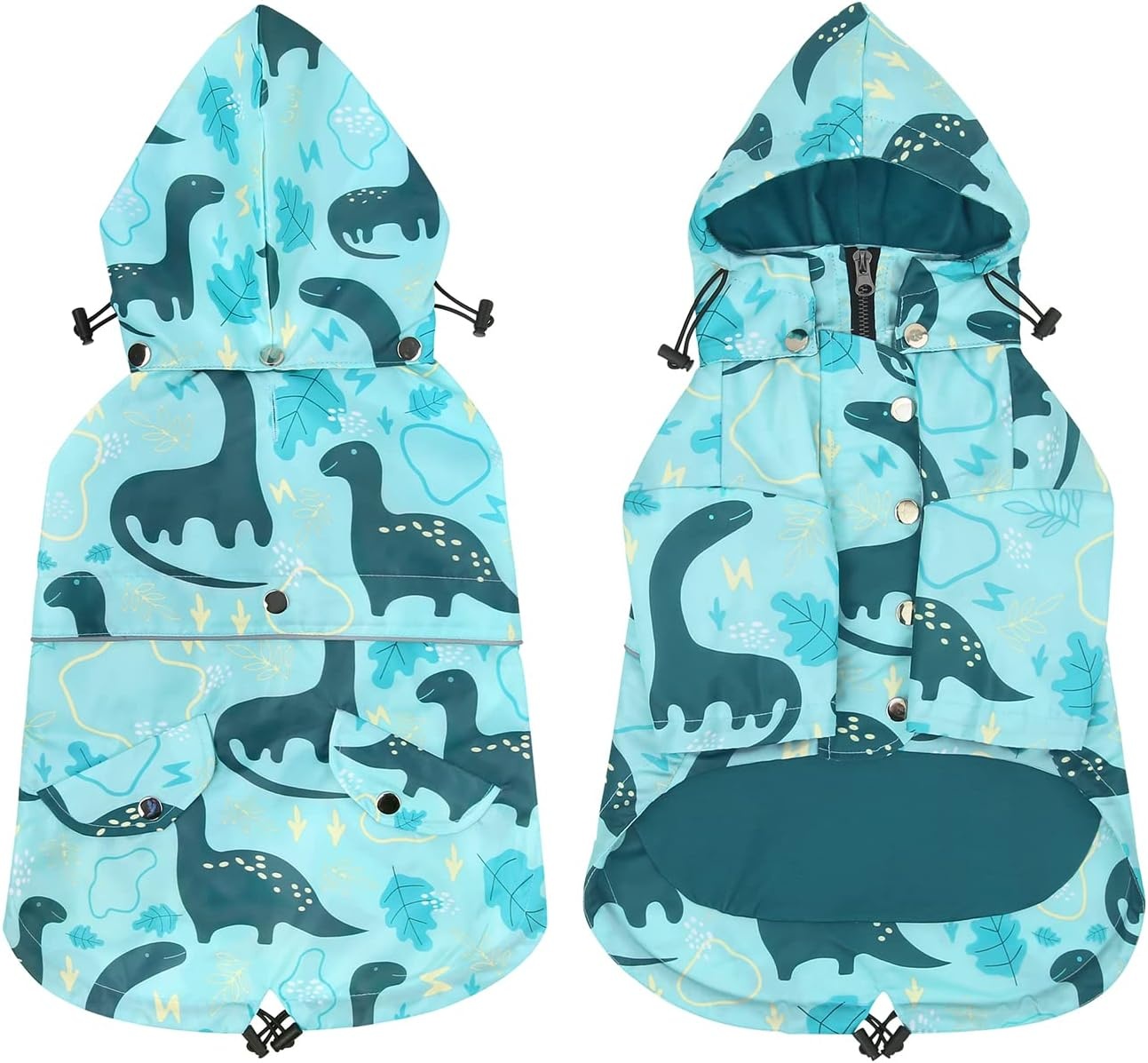 image:imageHDE Dog Raincoat Poncho Double Layer Zip Rain Jacket with Removable Hood Leash Hole for Small to 3XL Dogs and Puppies Dinosaurs SDinosaurs
