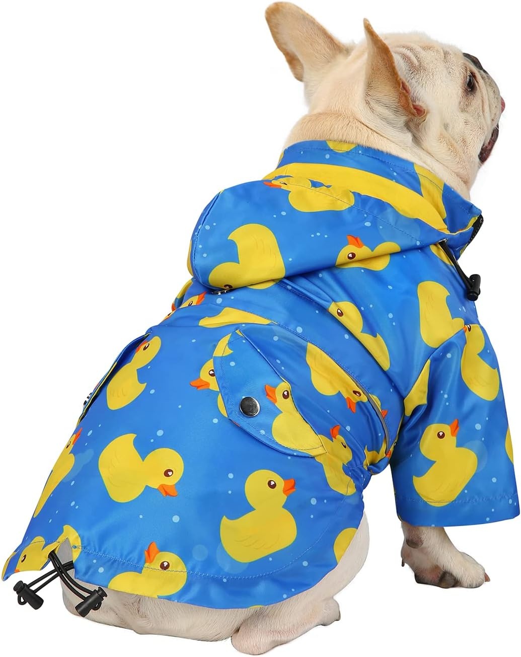 image:imageHDE Dog Raincoat Poncho Double Layer Zip Rain Jacket with Removable Hood Leash Hole for Small to 3XL Dogs and Puppies Dinosaurs SDucks Blue