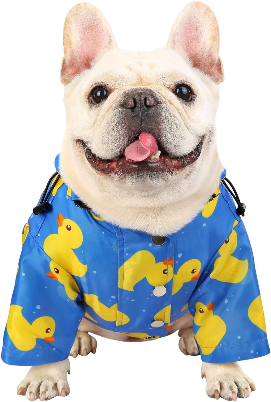 image:imageHDE Dog Raincoat Poncho Double Layer Zip Rain Jacket with Removable Hood Leash Hole for Small to 3XL Dogs and Puppies Dinosaurs SDucks Blue