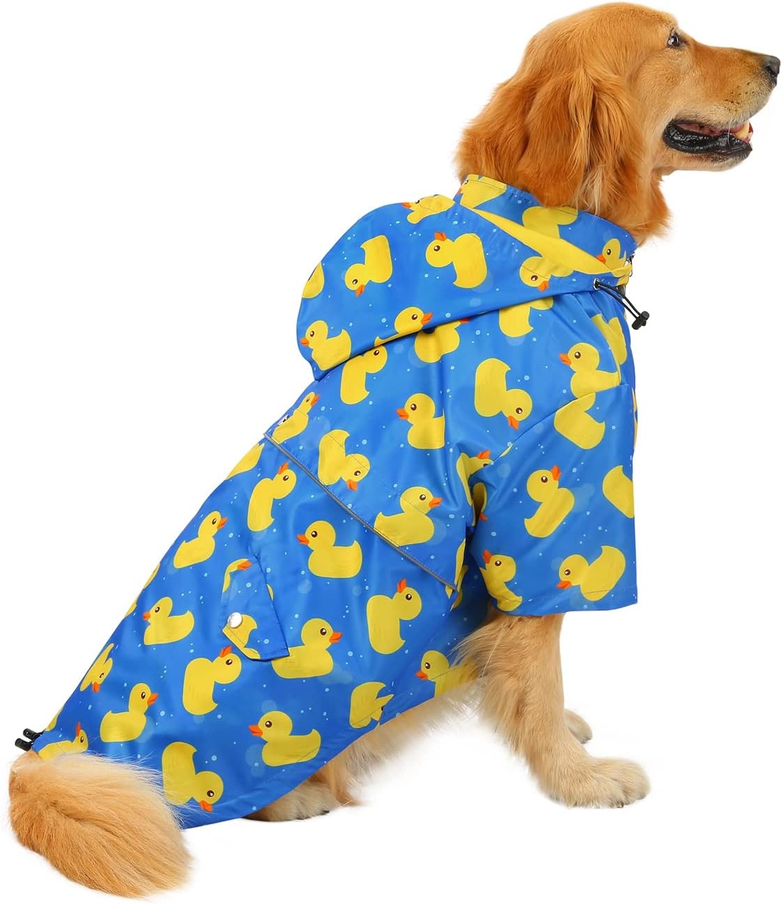 image:imageHDE Dog Raincoat Poncho Double Layer Zip Rain Jacket with Removable Hood Leash Hole for Small to 3XL Dogs and Puppies Dinosaurs SDucks Blue