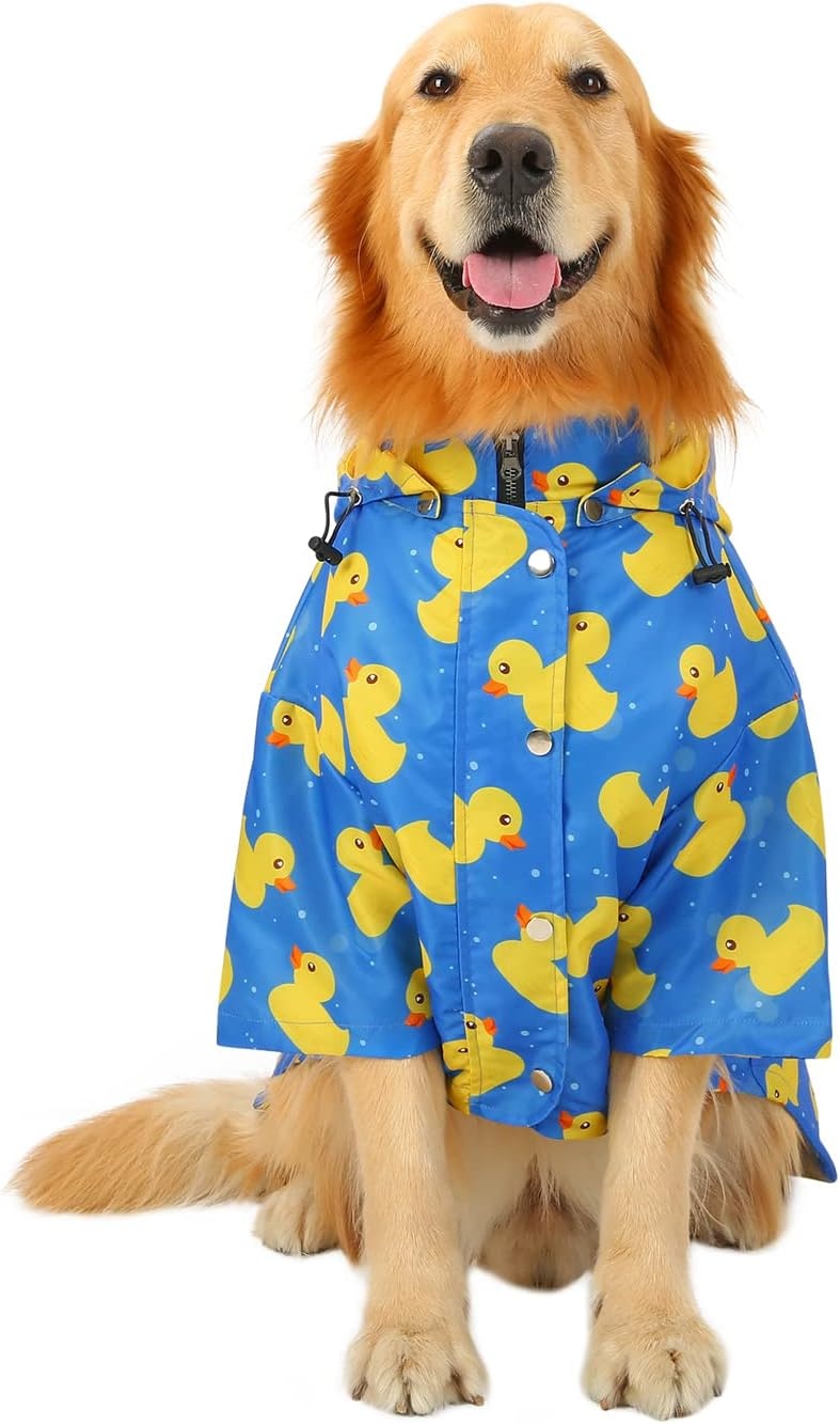 image:imageHDE Dog Raincoat Poncho Double Layer Zip Rain Jacket with Removable Hood Leash Hole for Small to 3XL Dogs and Puppies Dinosaurs SDucks Blue