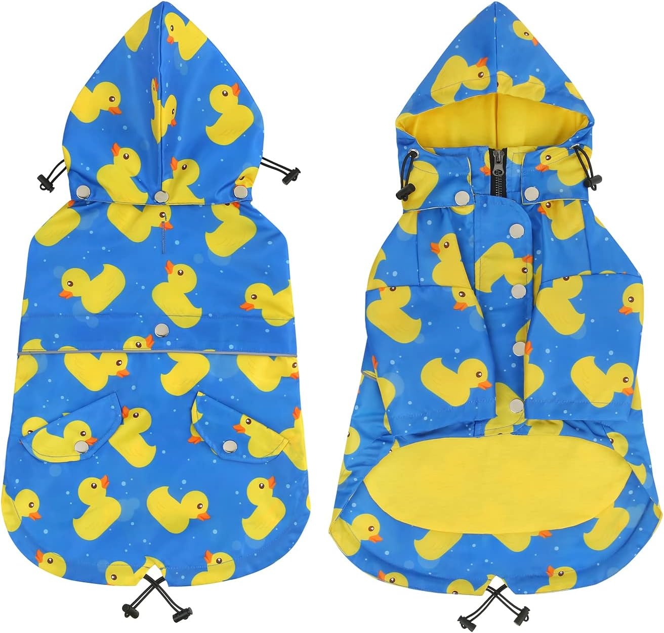 image:imageHDE Dog Raincoat Poncho Double Layer Zip Rain Jacket with Removable Hood Leash Hole for Small to 3XL Dogs and Puppies Dinosaurs SDucks Blue