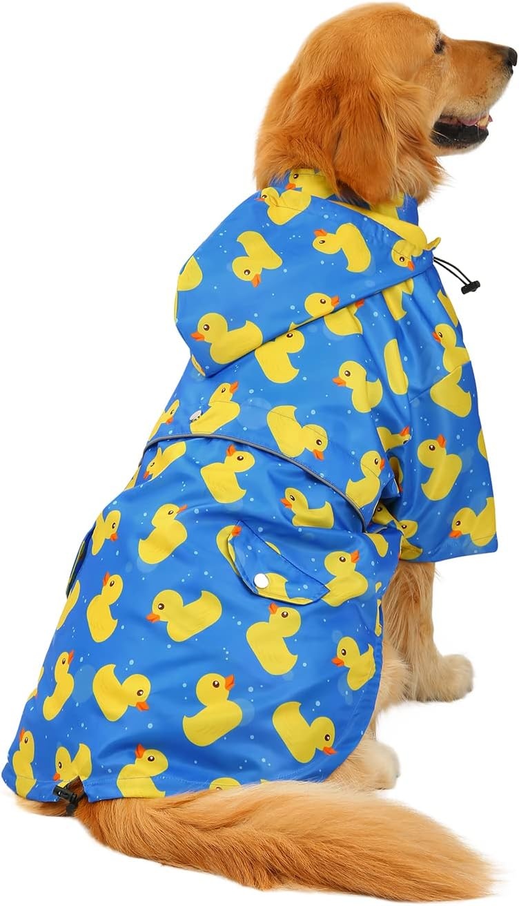 image:imageHDE Dog Raincoat Poncho Double Layer Zip Rain Jacket with Removable Hood Leash Hole for Small to 3XL Dogs and Puppies Dinosaurs SDucks Blue