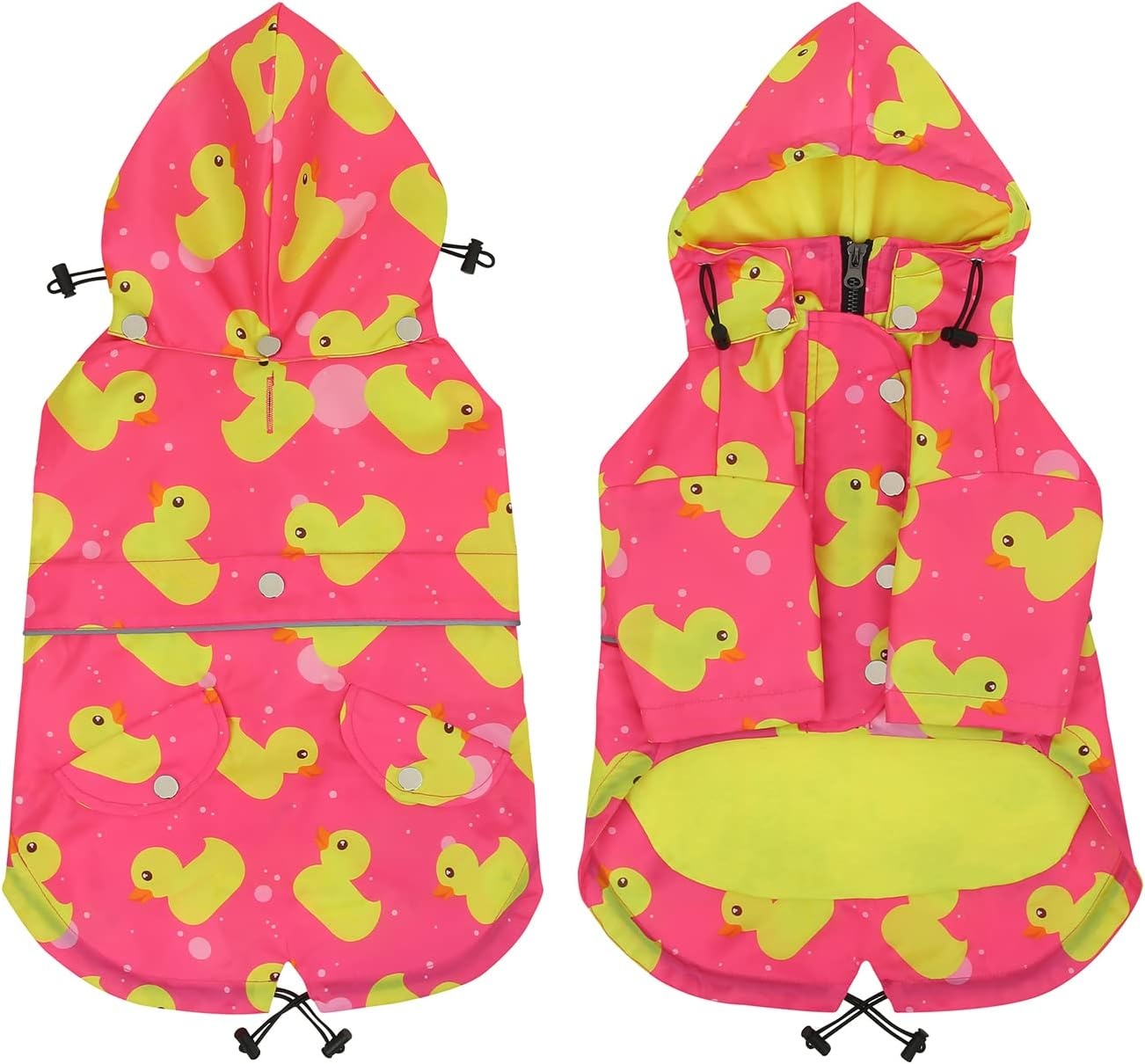 image:imageHDE Dog Raincoat Poncho Double Layer Zip Rain Jacket with Removable Hood Leash Hole for Small to 3XL Dogs and Puppies Dinosaurs SDucks Pink