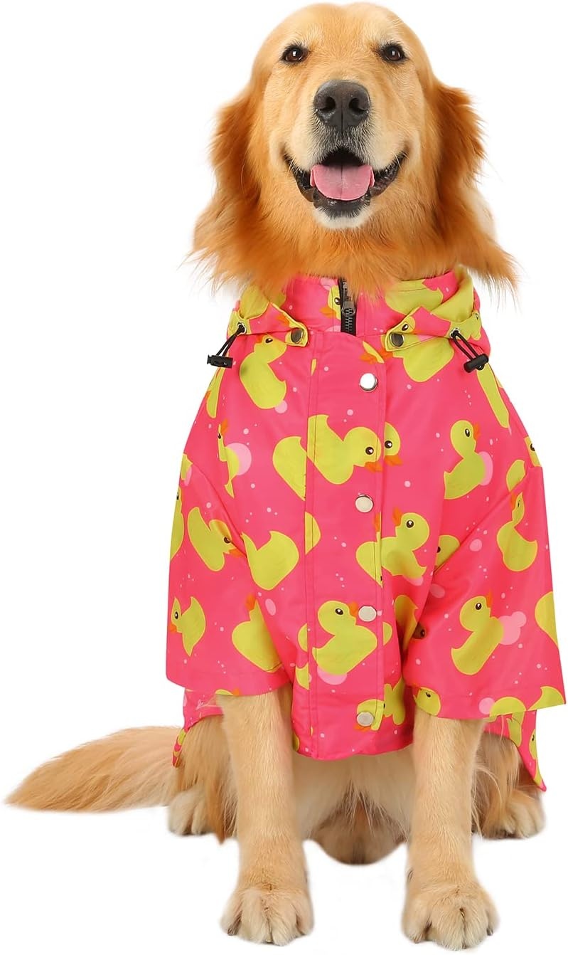 image:imageHDE Dog Raincoat Poncho Double Layer Zip Rain Jacket with Removable Hood Leash Hole for Small to 3XL Dogs and Puppies Dinosaurs SDucks Pink