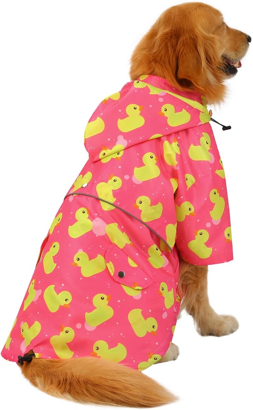 image:imageHDE Dog Raincoat Poncho Double Layer Zip Rain Jacket with Removable Hood Leash Hole for Small to 3XL Dogs and Puppies Dinosaurs SDucks Pink