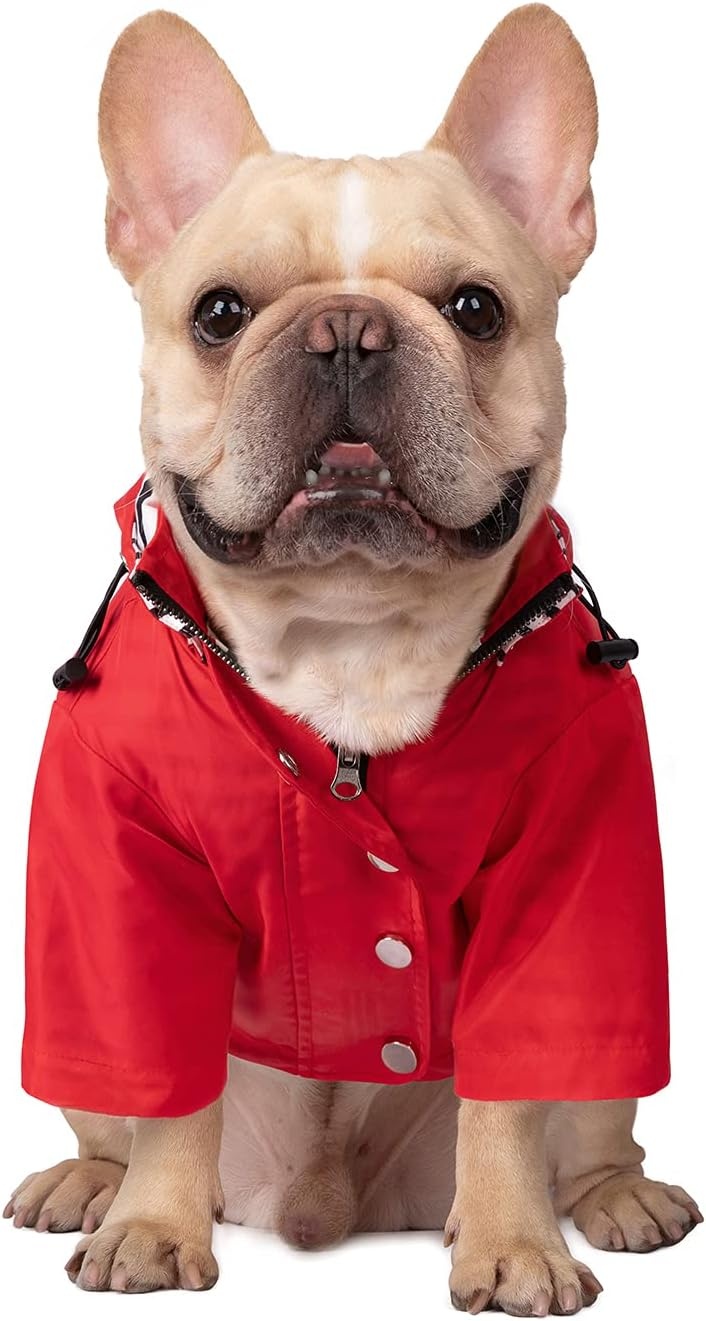 image:imageHDE Dog Raincoat Poncho Double Layer Zip Rain Jacket with Removable Hood Leash Hole for Small to 3XL Dogs and Puppies Dinosaurs SRed