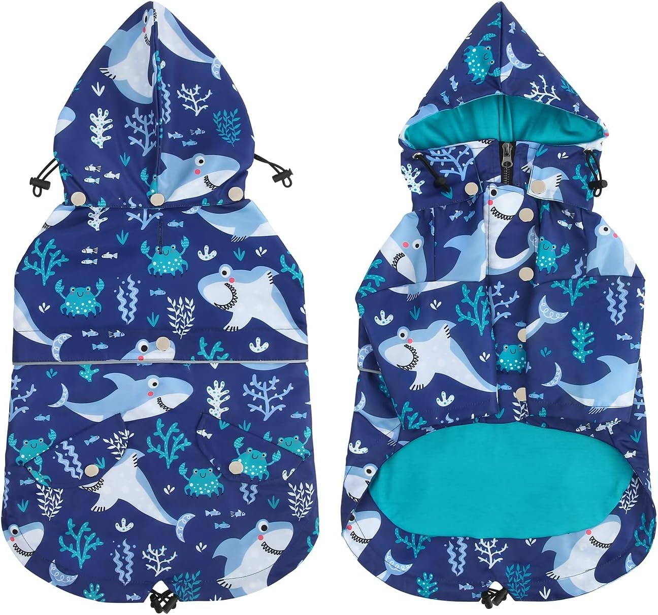 image:imageHDE Dog Raincoat Poncho Double Layer Zip Rain Jacket with Removable Hood Leash Hole for Small to 3XL Dogs and Puppies Dinosaurs SSharks