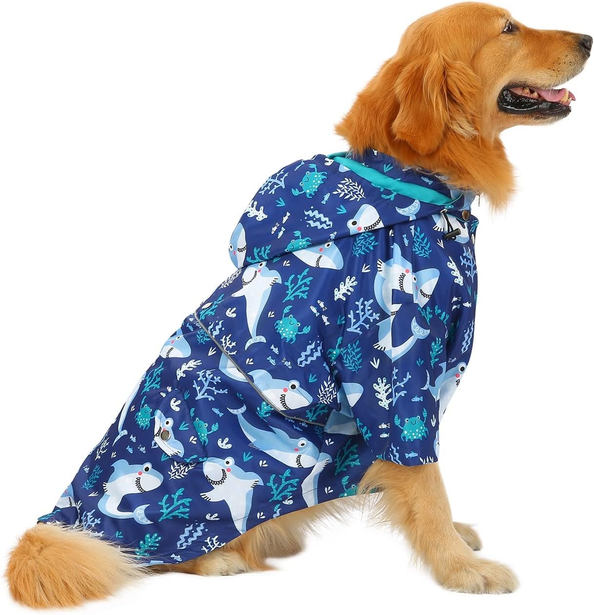 image:imageHDE Dog Raincoat Poncho Double Layer Zip Rain Jacket with Removable Hood Leash Hole for Small to 3XL Dogs and Puppies Dinosaurs SSharks