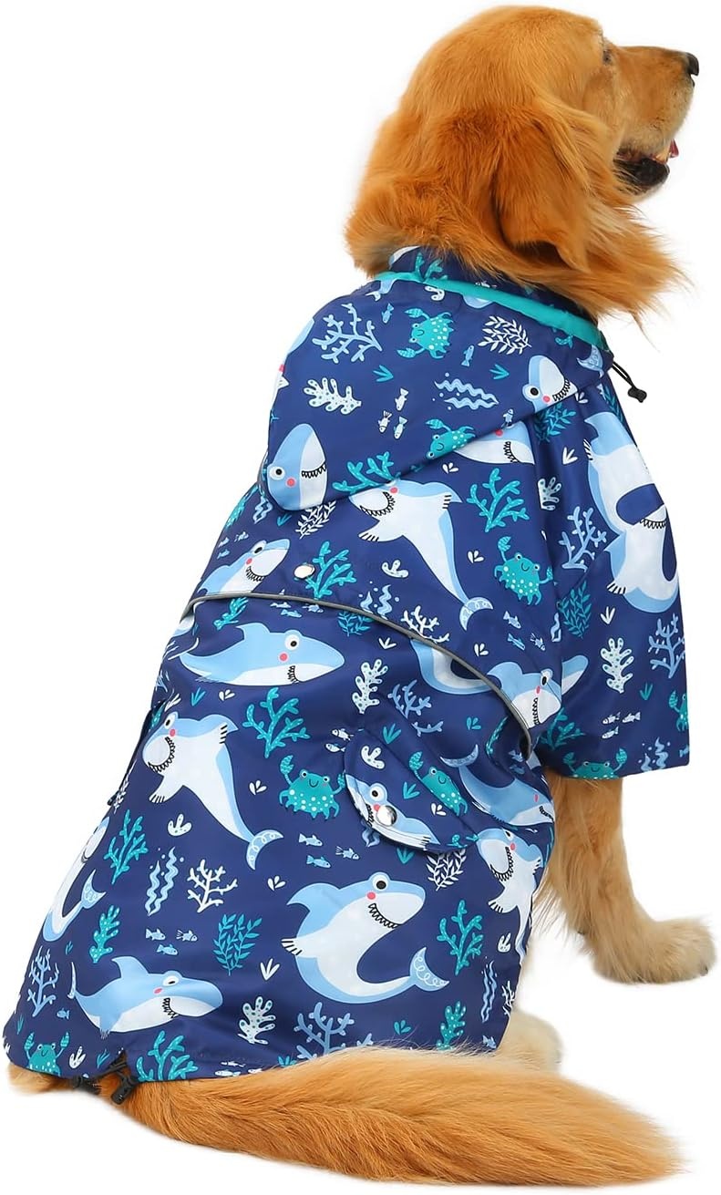 image:imageHDE Dog Raincoat Poncho Double Layer Zip Rain Jacket with Removable Hood Leash Hole for Small to 3XL Dogs and Puppies Dinosaurs SSharks