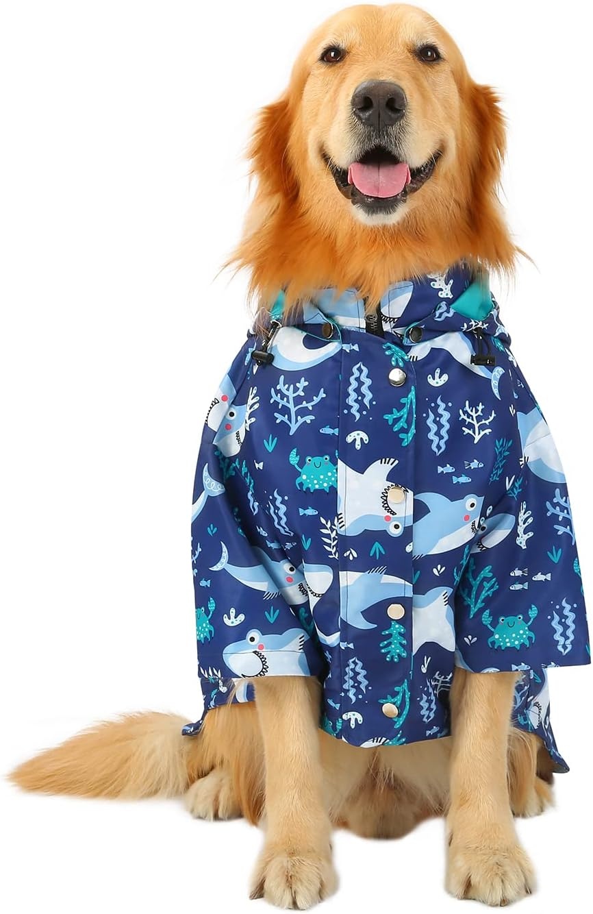 image:imageHDE Dog Raincoat Poncho Double Layer Zip Rain Jacket with Removable Hood Leash Hole for Small to 3XL Dogs and Puppies Dinosaurs SSharks