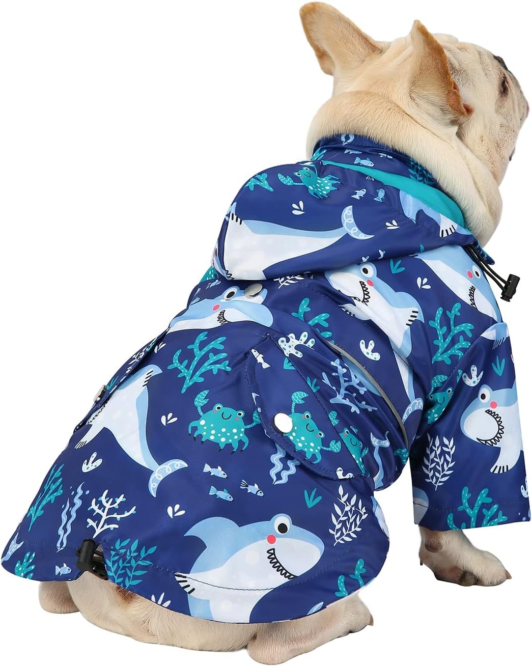 image:imageHDE Dog Raincoat Poncho Double Layer Zip Rain Jacket with Removable Hood Leash Hole for Small to 3XL Dogs and Puppies Dinosaurs SSharks