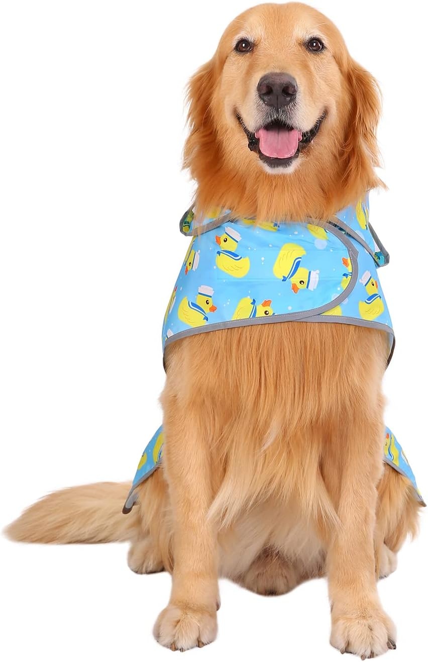 image:imageHDE Dog Raincoat with Clear Hood Rain Jacket Poncho for Small Medium Large Dogs Dinosaurs SSailor Ducks Blue