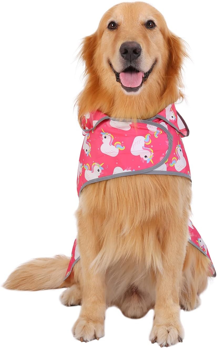 image:imageHDE Dog Raincoat with Clear Hood Rain Jacket Poncho for Small Medium Large Dogs Dinosaurs SUnicorn Ducks Pink