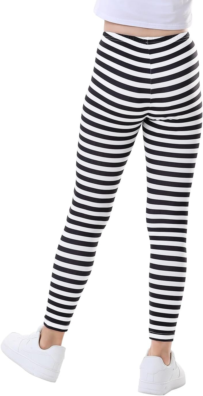 image:imageHDE Girls Leggings Holiday Stretchy Full Ankle Length Striped TightsBlack and White Stripes