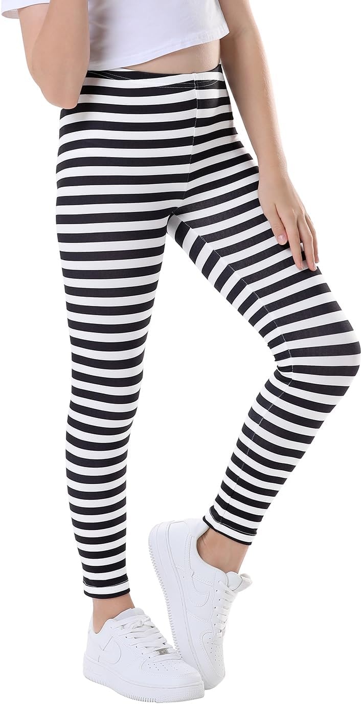 image:imageHDE Girls Leggings Holiday Stretchy Full Ankle Length Striped TightsBlack and White Stripes