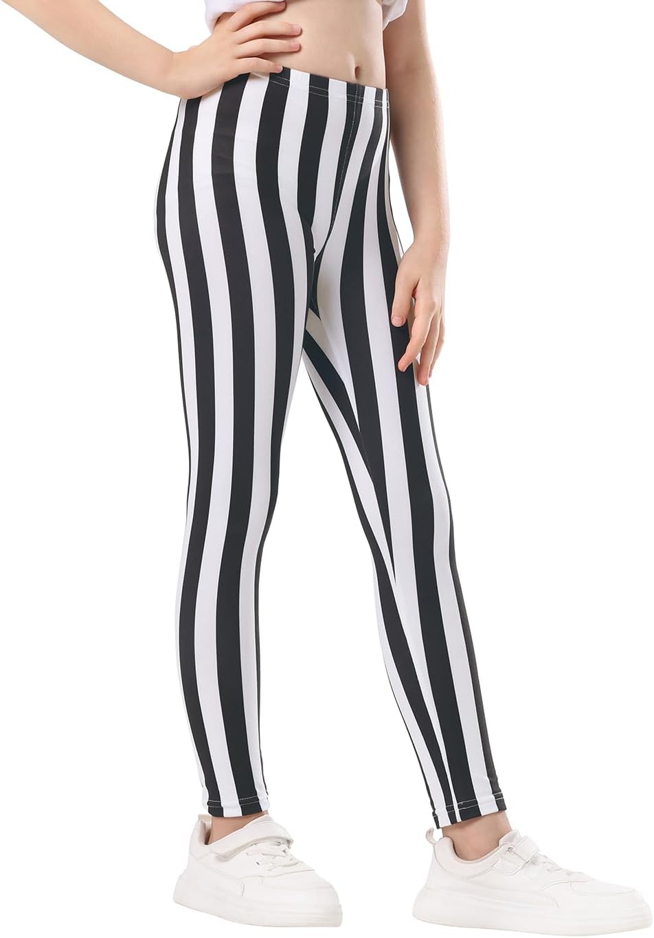 image:imageHDE Girls Leggings Holiday Stretchy Full Ankle Length Striped TightsBlack and White Vertical Stripes