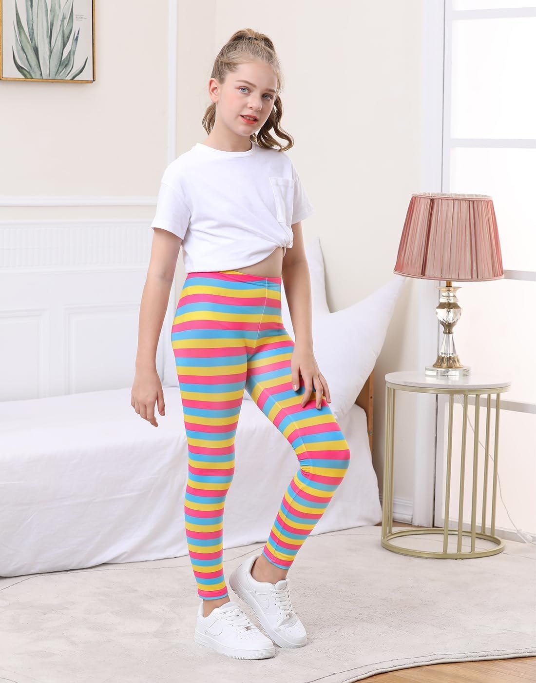image:imageHDE Girls Leggings Holiday Stretchy Full Ankle Length Striped TightsCandy Stripes