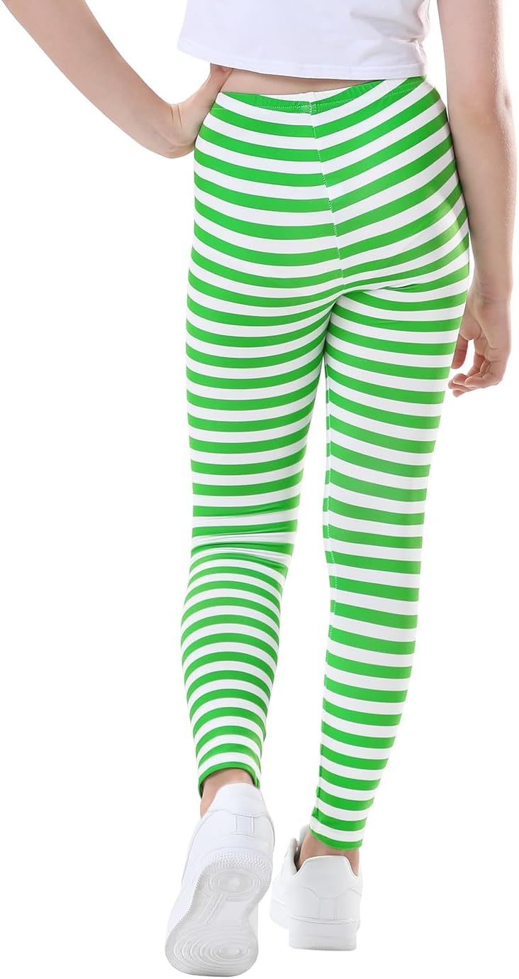 image:imageHDE Girls Leggings Holiday Stretchy Full Ankle Length Striped TightsGreen and White Stripes