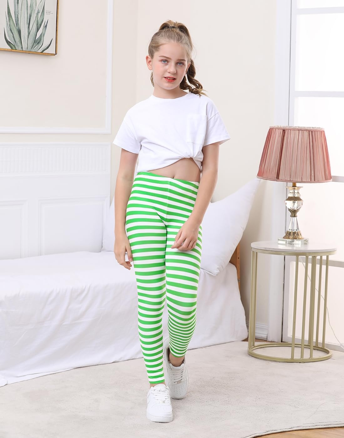 image:imageHDE Girls Leggings Holiday Stretchy Full Ankle Length Striped TightsGreen and White Stripes