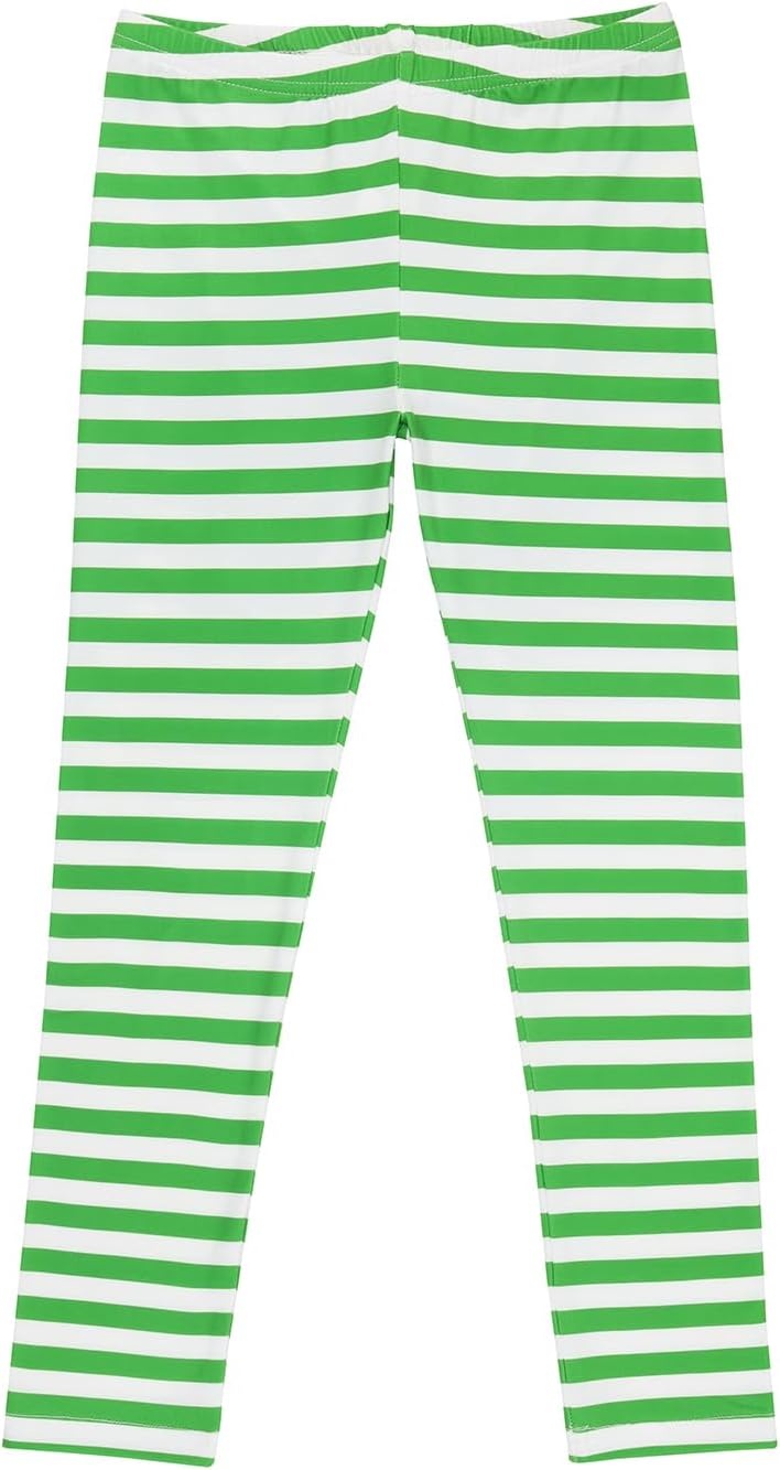 image:imageHDE Girls Leggings Holiday Stretchy Full Ankle Length Striped TightsGreen and White Stripes