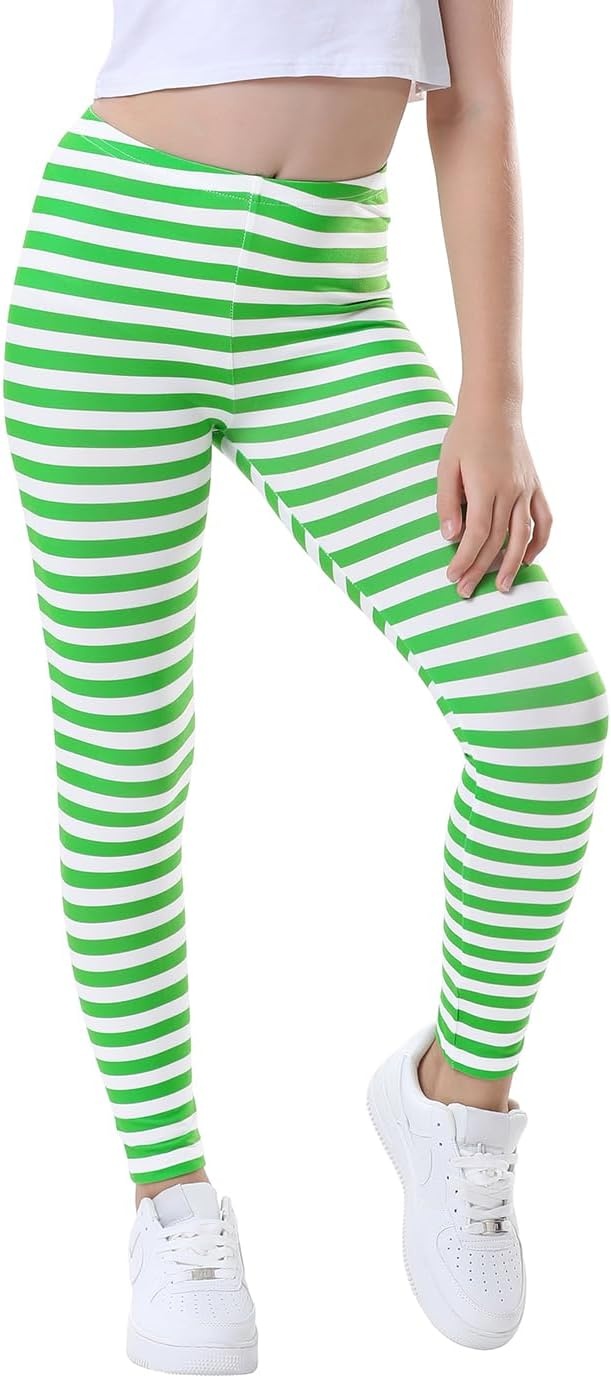 image:imageHDE Girls Leggings Holiday Stretchy Full Ankle Length Striped TightsGreen and White Stripes