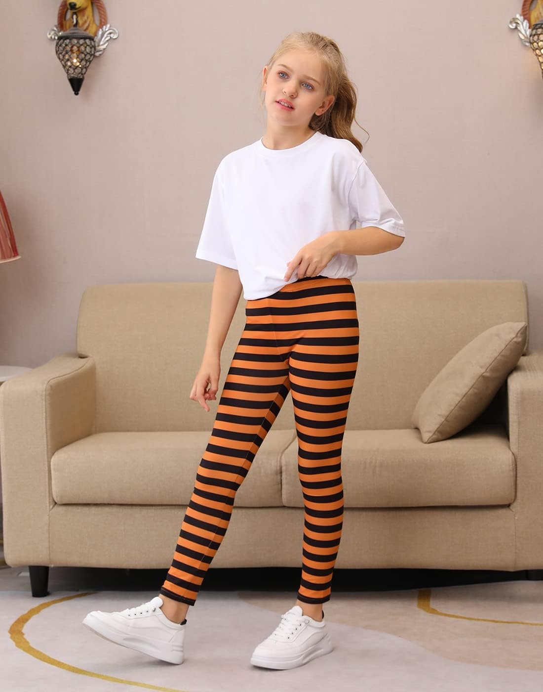 image:imageHDE Girls Leggings Holiday Stretchy Full Ankle Length Striped TightsOrange and Black Stripes