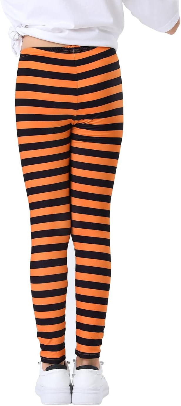 image:imageHDE Girls Leggings Holiday Stretchy Full Ankle Length Striped TightsOrange and Black Stripes