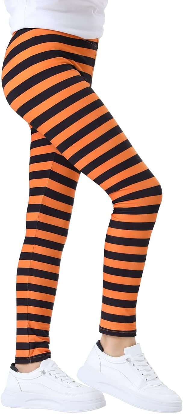 image:imageHDE Girls Leggings Holiday Stretchy Full Ankle Length Striped TightsOrange and Black Stripes
