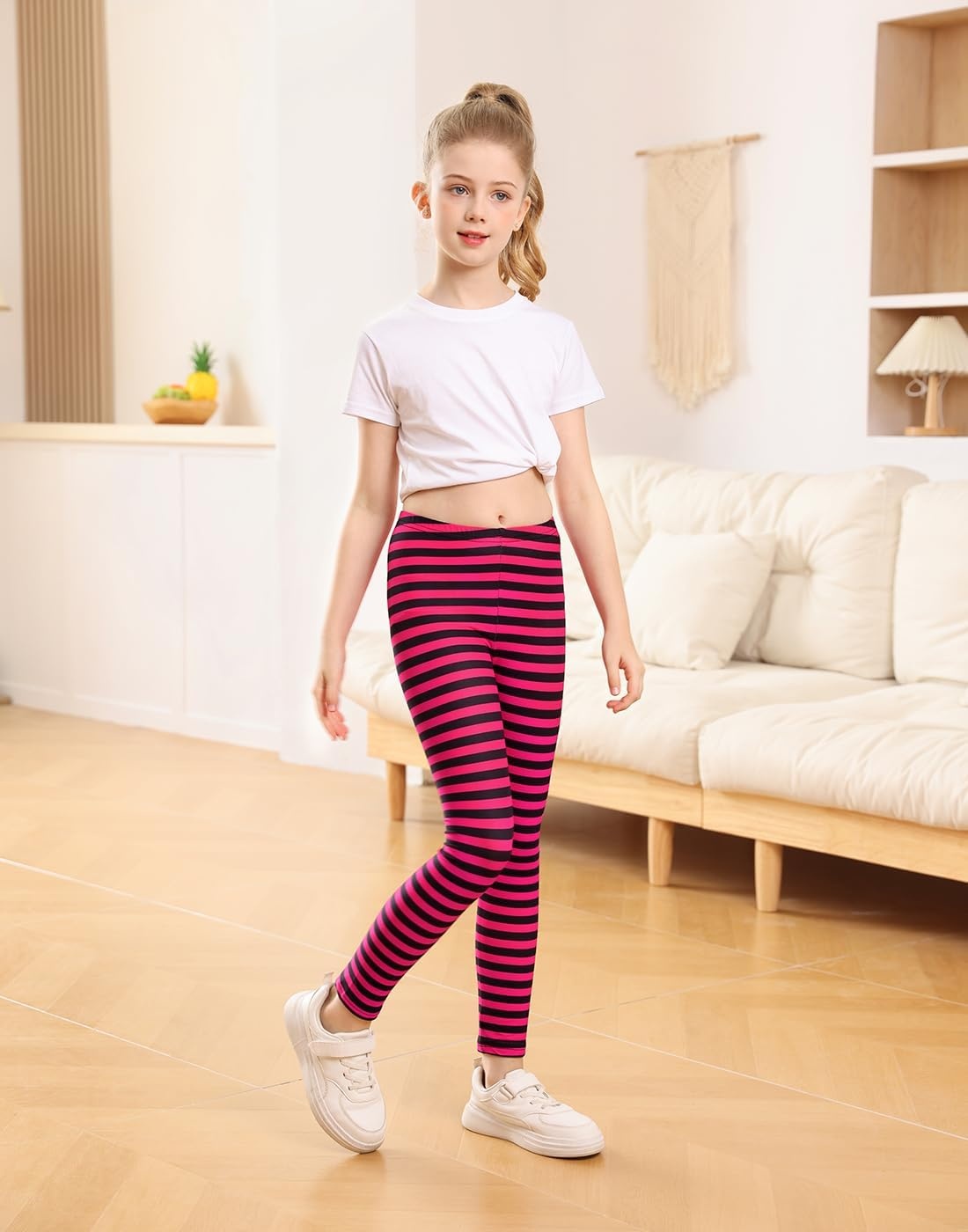 image:imageHDE Girls Leggings Holiday Stretchy Full Ankle Length Striped TightsPink and Black Stripes