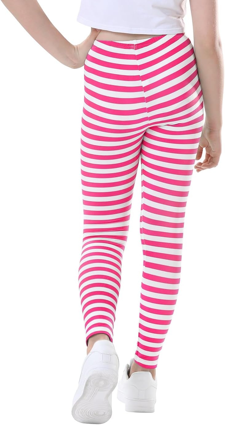 image:imageHDE Girls Leggings Holiday Stretchy Full Ankle Length Striped TightsPink and White Stripes