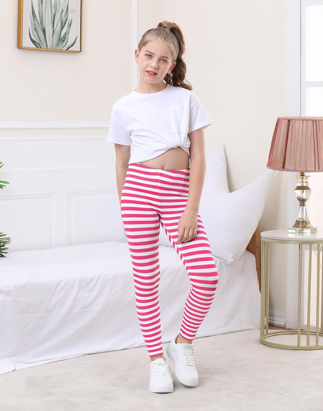 image:imageHDE Girls Leggings Holiday Stretchy Full Ankle Length Striped TightsPink and White Stripes