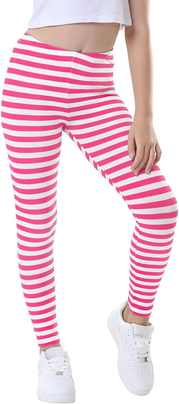 image:imageHDE Girls Leggings Holiday Stretchy Full Ankle Length Striped TightsPink and White Stripes