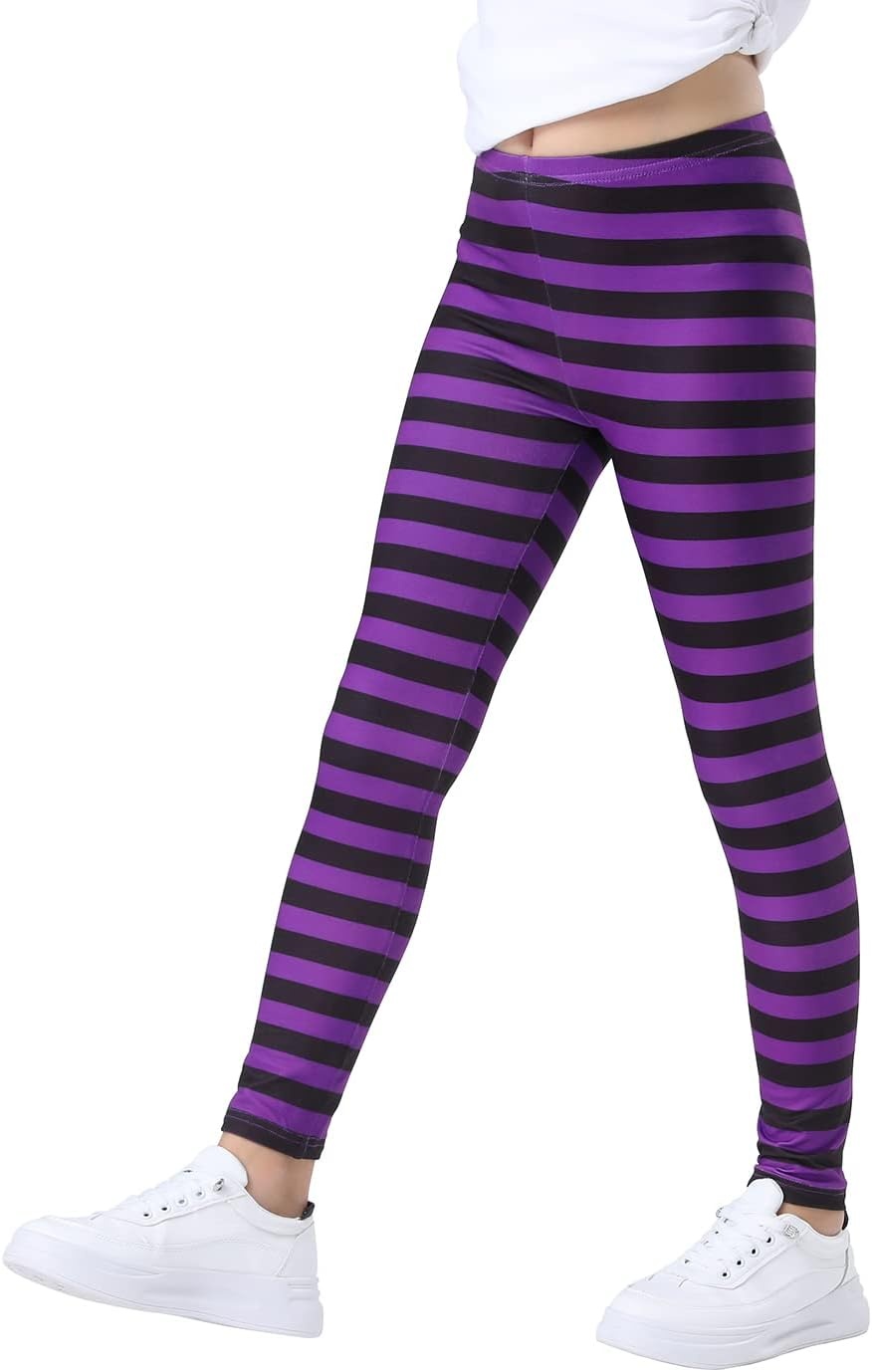 image:imageHDE Girls Leggings Holiday Stretchy Full Ankle Length Striped TightsPurple and Black Stripes