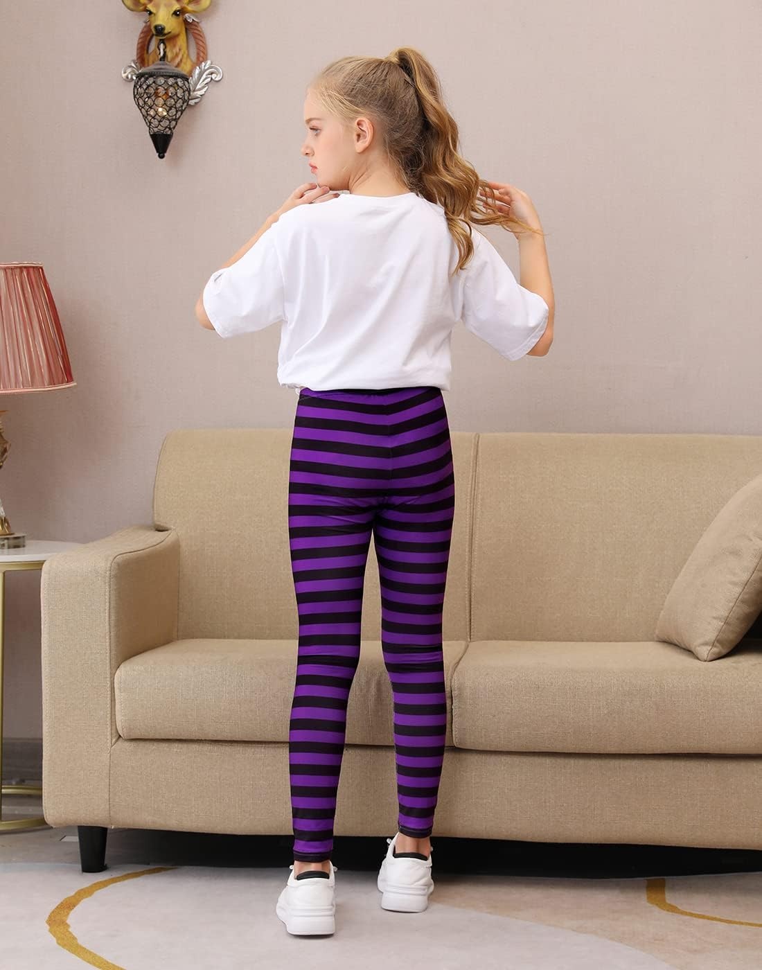 image:imageHDE Girls Leggings Holiday Stretchy Full Ankle Length Striped TightsPurple and Black Stripes
