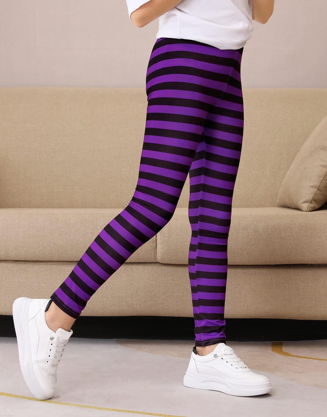 image:imageHDE Girls Leggings Holiday Stretchy Full Ankle Length Striped TightsPurple and Black Stripes