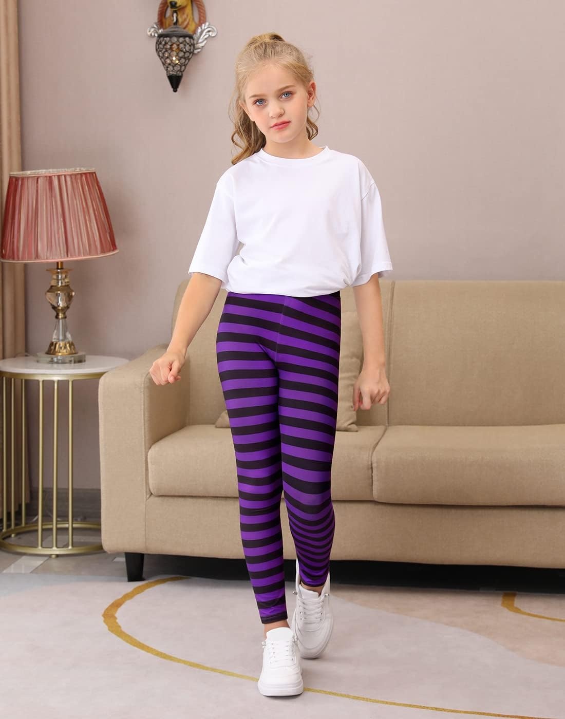 image:imageHDE Girls Leggings Holiday Stretchy Full Ankle Length Striped TightsPurple and Black Stripes